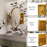31.5 Inch Surface Mount Round Metal Framed Medicine Cabinet with Mirror and Adjustable Shelves Black Wall Mirror with Storage for Bathroom, Matte Gold W1435P194675-djyc
