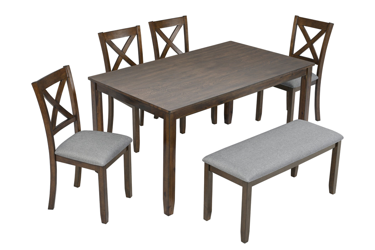 6 Piece Kitchen Dining Set, Rectangular Wooden Dining Table with 4 Upholstered Chairs and a Bench, Dining Table Set for 6 People, Living Room, Home Bar and Kitchen, Walnut W1998S00008-djyc