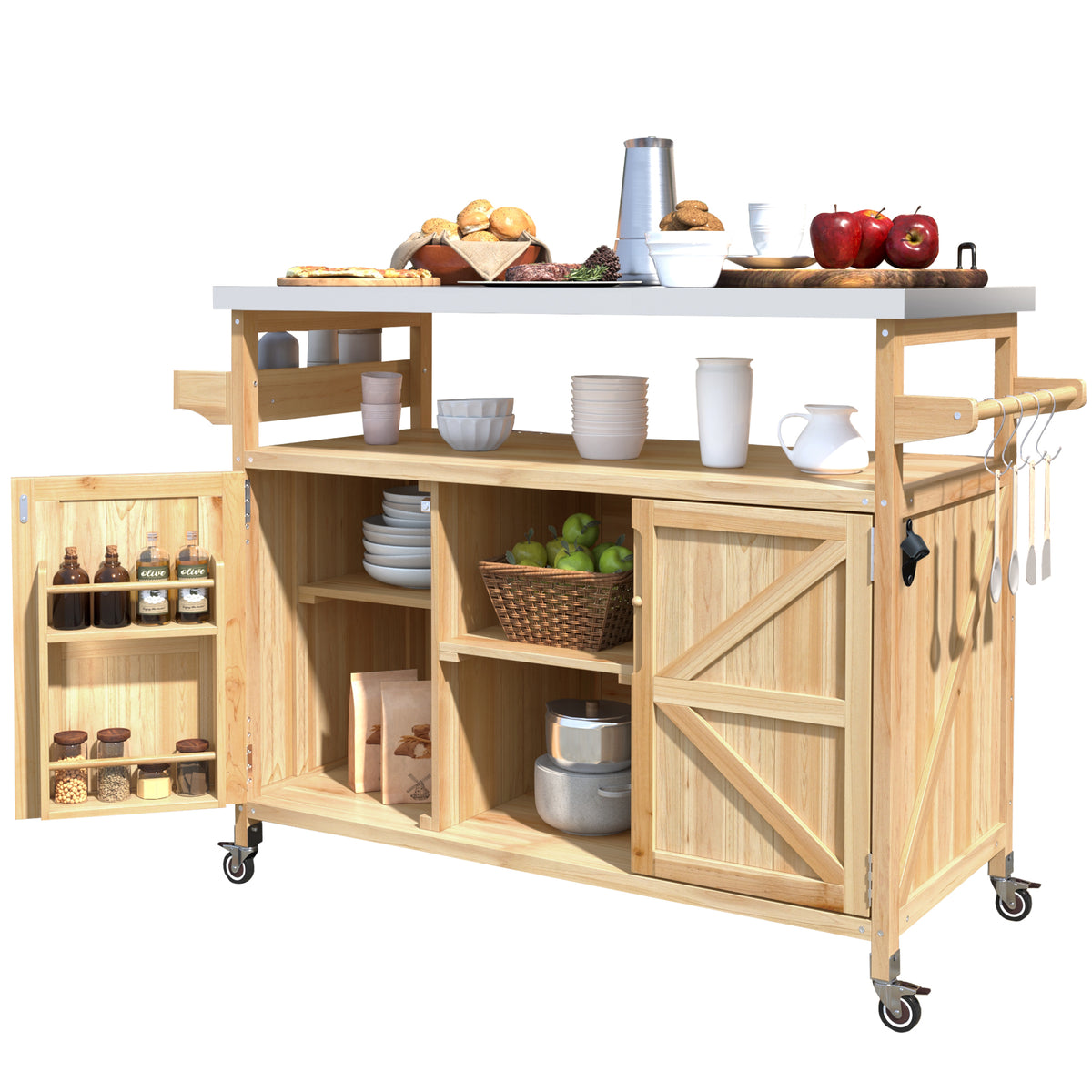 K&K Outdoor Kitchen Island, Rolling Bar Cart & Storage Cabinet, Farmhouse Solid Wood Outdoor Grill Table with Stainless Steel Top, Spice Rack , Towel Rack for Kitchen & BBQ , Natural WF532198AAY-djyc