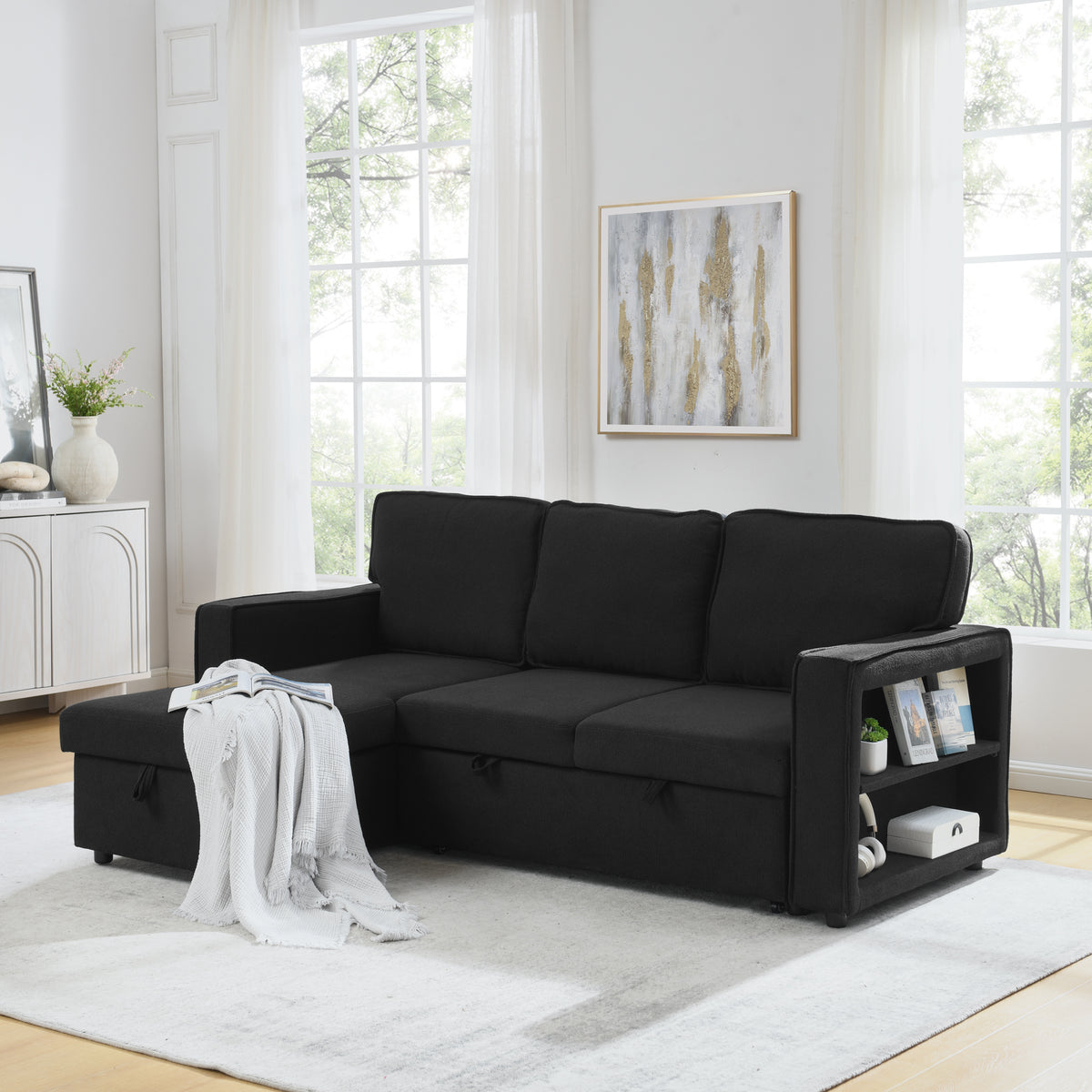 Linen Upholstered Sleeper Sectional Sofa, Shaped Modular Convertible Sofa with Storage Chaise,There are two cup holders in the middle and USB multi-interface function,Pull Out Sleep Couch Bed ,Black W487S00246-djyc