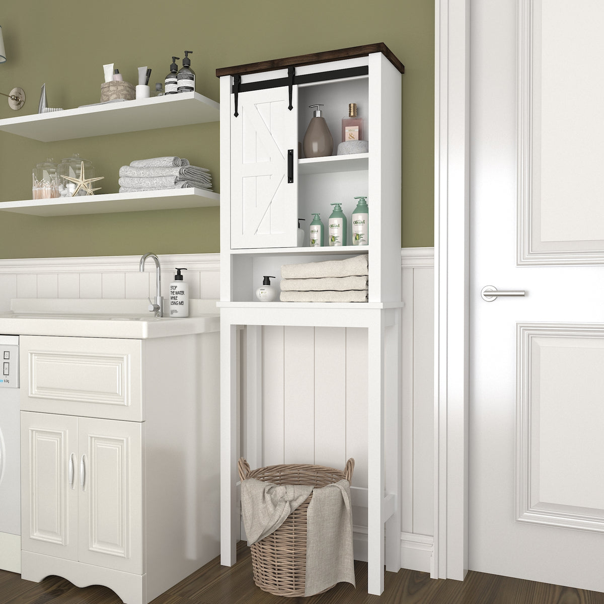 Over The Toilet Storage Cabinet, Farmhouse Above Toilet Storage Cabinet with Adjustable Shelves & Sliding Barn Doors, Organizers Over Toilet for Bathroom, Living Room, White W1347P183703-djyc