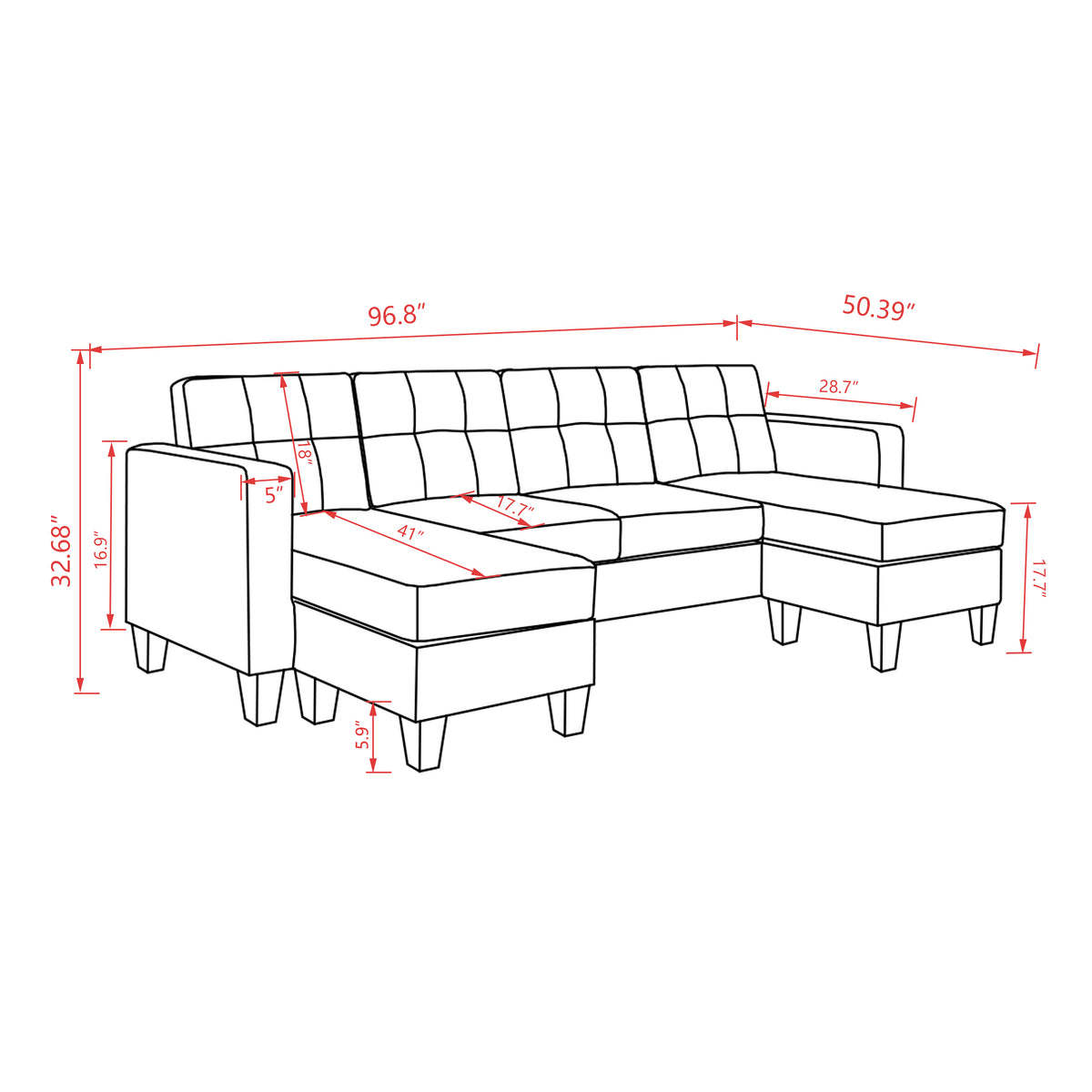 U-Shaped Sofa Coch 4-Seat Sofa with Chaise Polyester Fabric for Living Room Apartment Office (Blue) W1669S00004-djyc