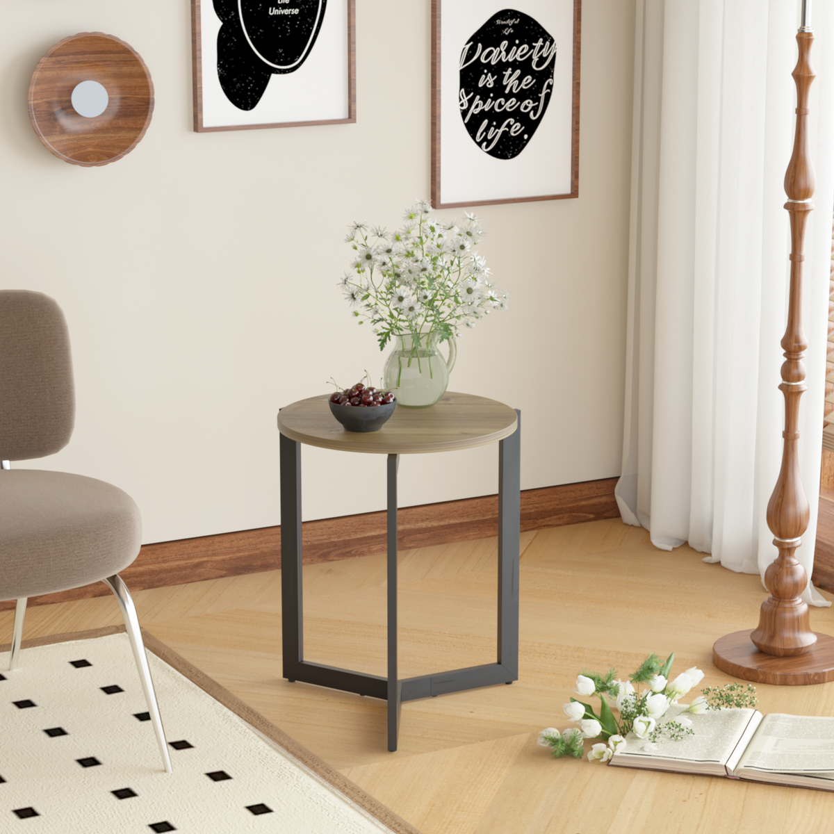 19.68''H Round Side Table, Round Accent End Table with Sturdy Metal Frame, Round Nightstand, for Living Room, Bedroom, Balcony, Office, Brown W808P176716-djyc