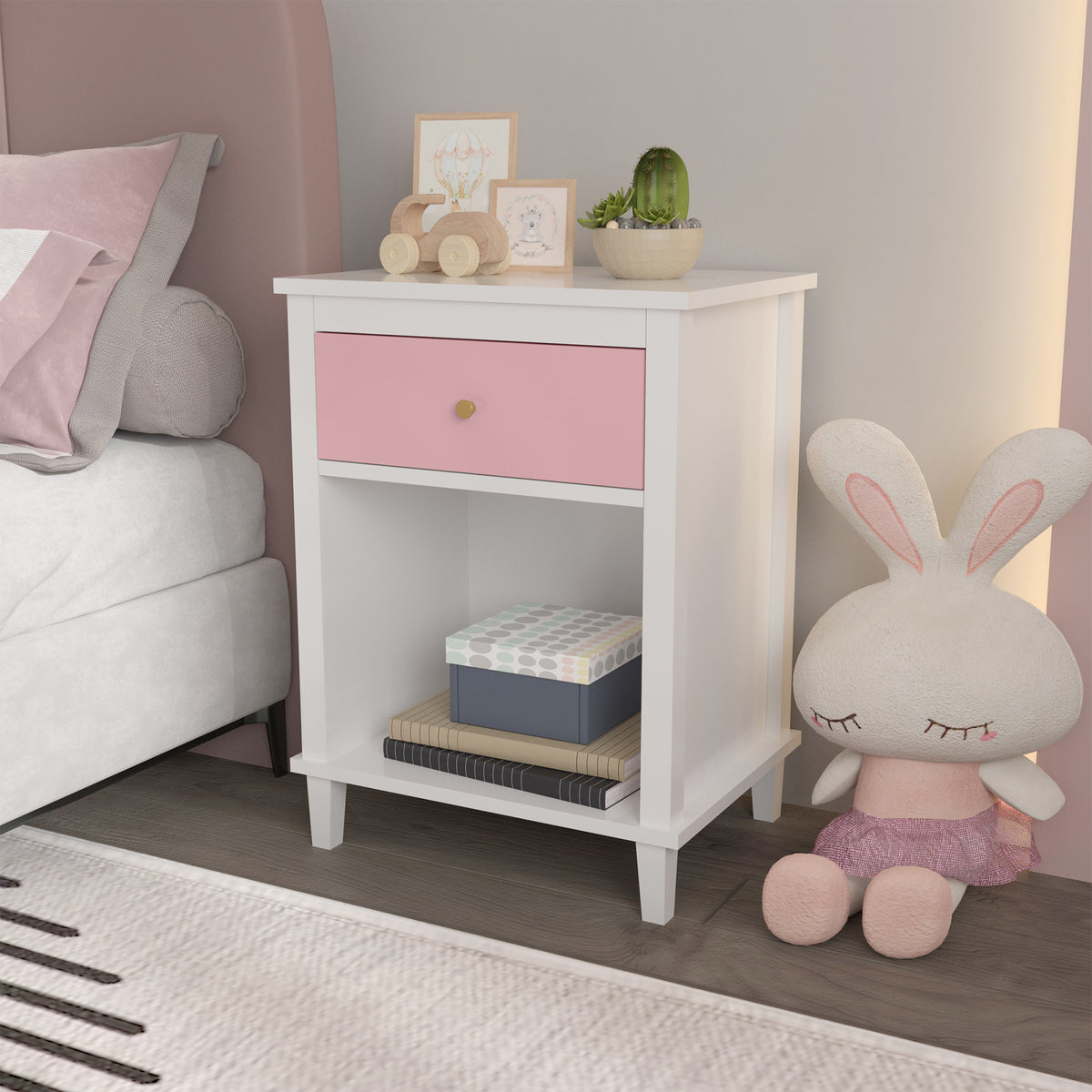 26.77''H Wooden Nightstand with One Drawer One Shelf for Kids, Adults, Pink W80859135-djyc