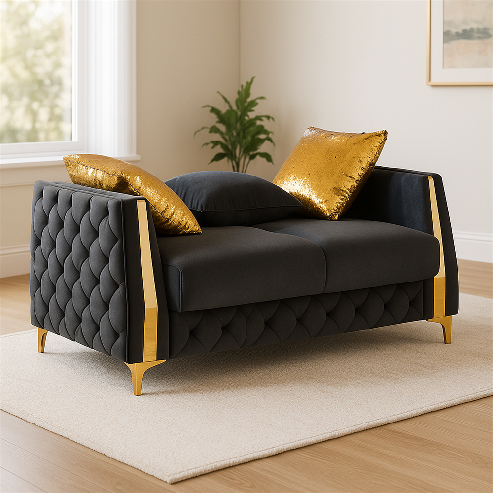 Lippa 3pc Upholstered Sofa, Loveseat and Chair Set in Black Fabric with Gold Stainless Steel Legs, Foam Cushioning and Sturdy Wood Frame-B009S02236 - 场景图