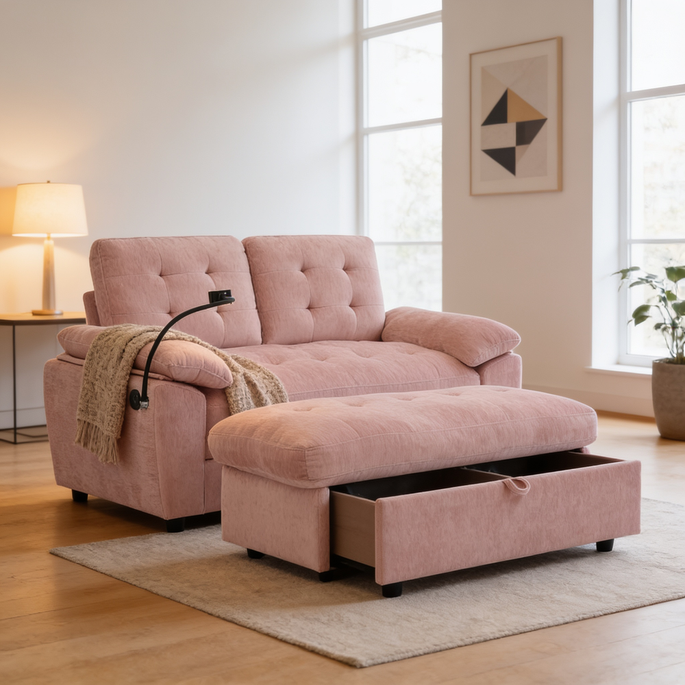Leisure sofa chair,Double sofa recliner, with manually adjustable backrest, soft padded armrests, side USB charging port and phone stand, comes with a matching storage ottoman-Pink-W487S00519 - 场景图
