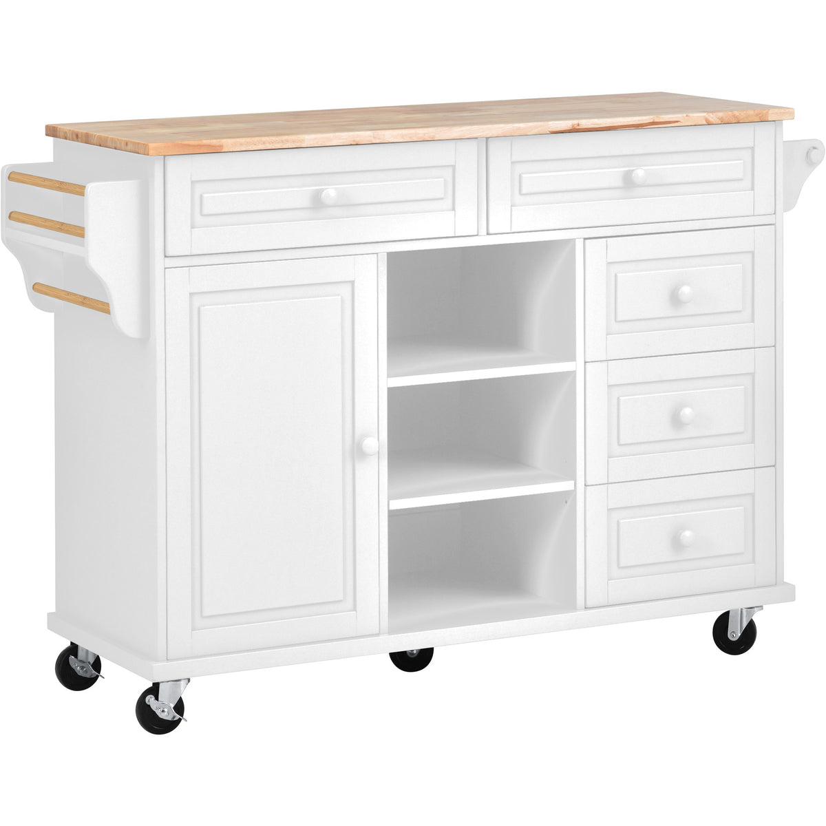 Kitchen cart with Rubber wood desktop rolling mobile kitchen island with storage and 5 draws 53 Inchlength(White) WF297003AAW-djyc