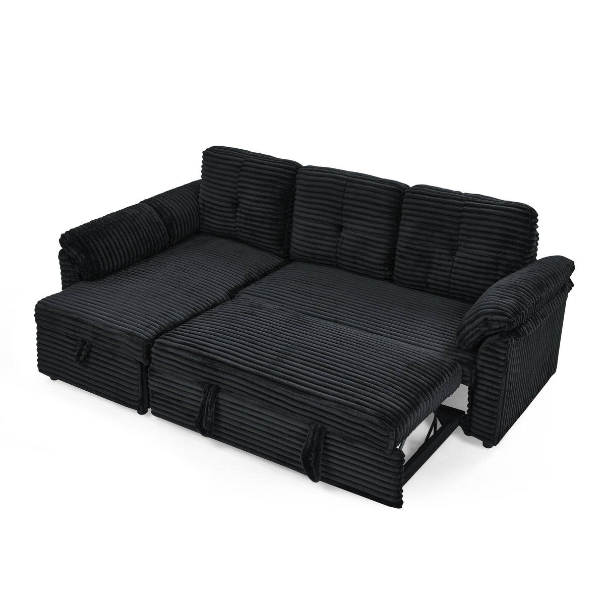 Corduroy Tufted Upholstered Sleeper Sectional Sofa, L-Shaped Modular Convertible Sofa with Reversible Storage Chaise, Pull Out Sleep Couch Bed and Reclining Backrest Perfect for Living Space, Black W487S00227-djyc