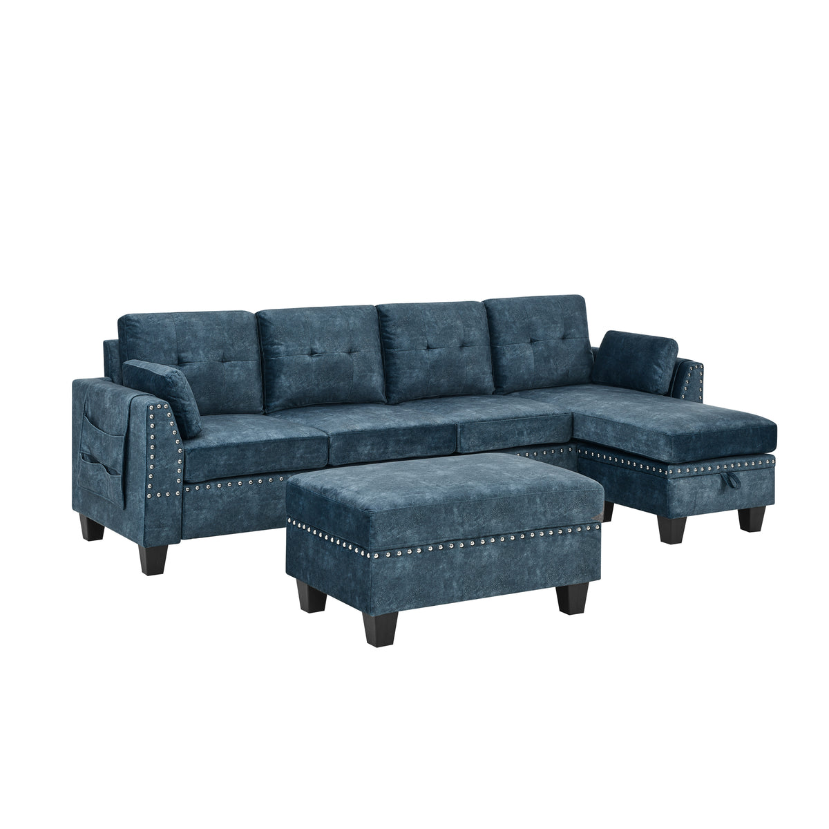 Sectional 3-Seaters Sofa ,Double-sided multi-functional footstool, storage mat , Non-slip leg, two pillows, Velvet,Navy blue W487S00239-djyc