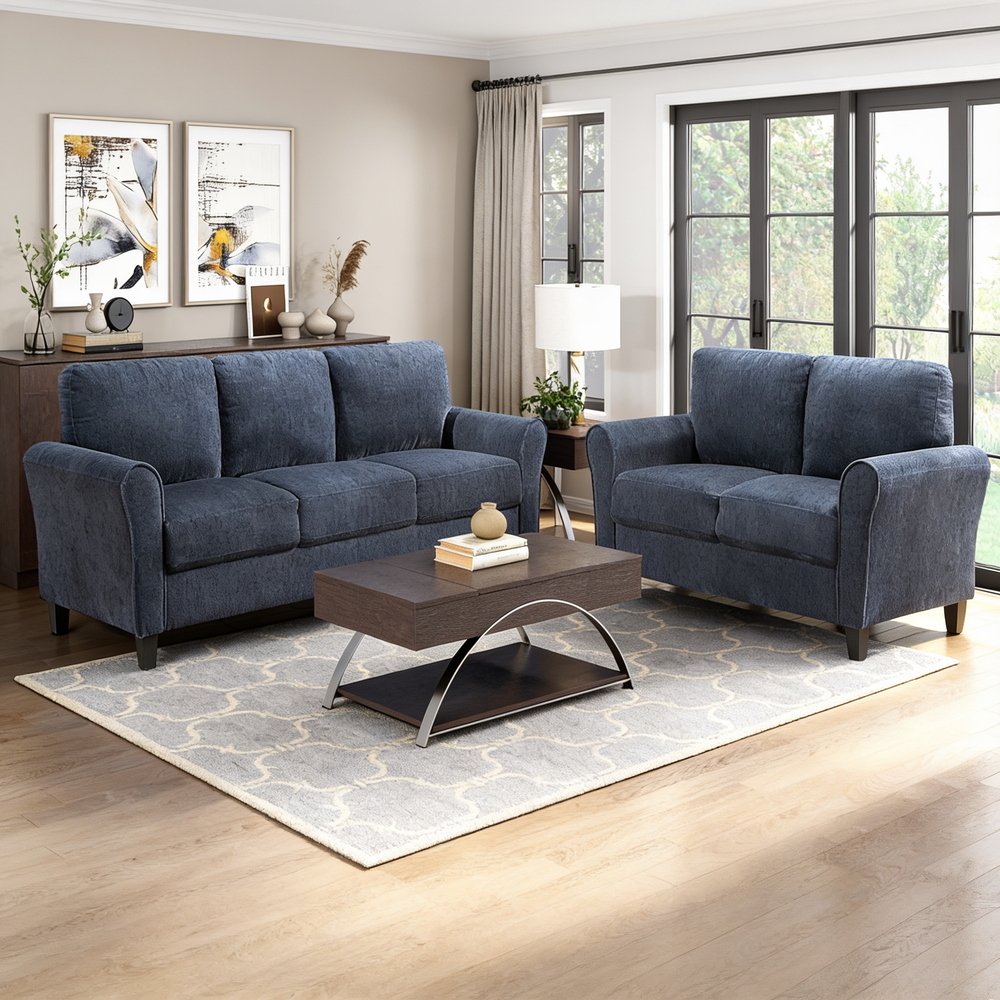 Contemporary 2pc Living Room Sofa Set Blue Chenille Upholstered Sofa Loveseat Plush Foam Padded Pocket Coils Solid Wood Furniture-B011S02487 - 正方形修复