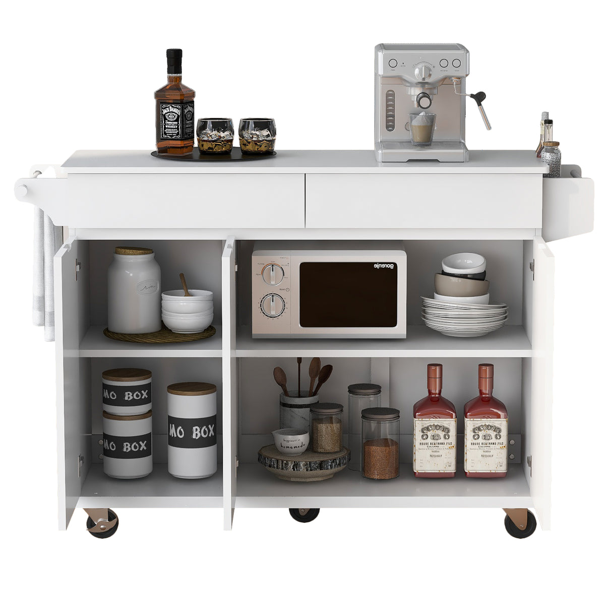 K&K 53.2''Kitchen Island with Drop Leaf, Kitchen Storage Cart with Spice Rack, Towel Rack and 2 Drawers, Rolling Kitchen Island on Wheels with Adjustable Shelves for Kitchen, Dining Room, White N707P173041W-djyc