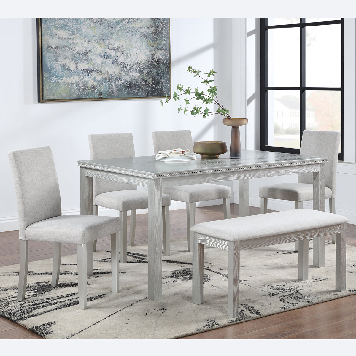 Wooden Dining Rectangular Table with Bench, Kitchen Table with Bench for Small Space, 6 Person Dining Table, Silver grey W1998S00045-djyc