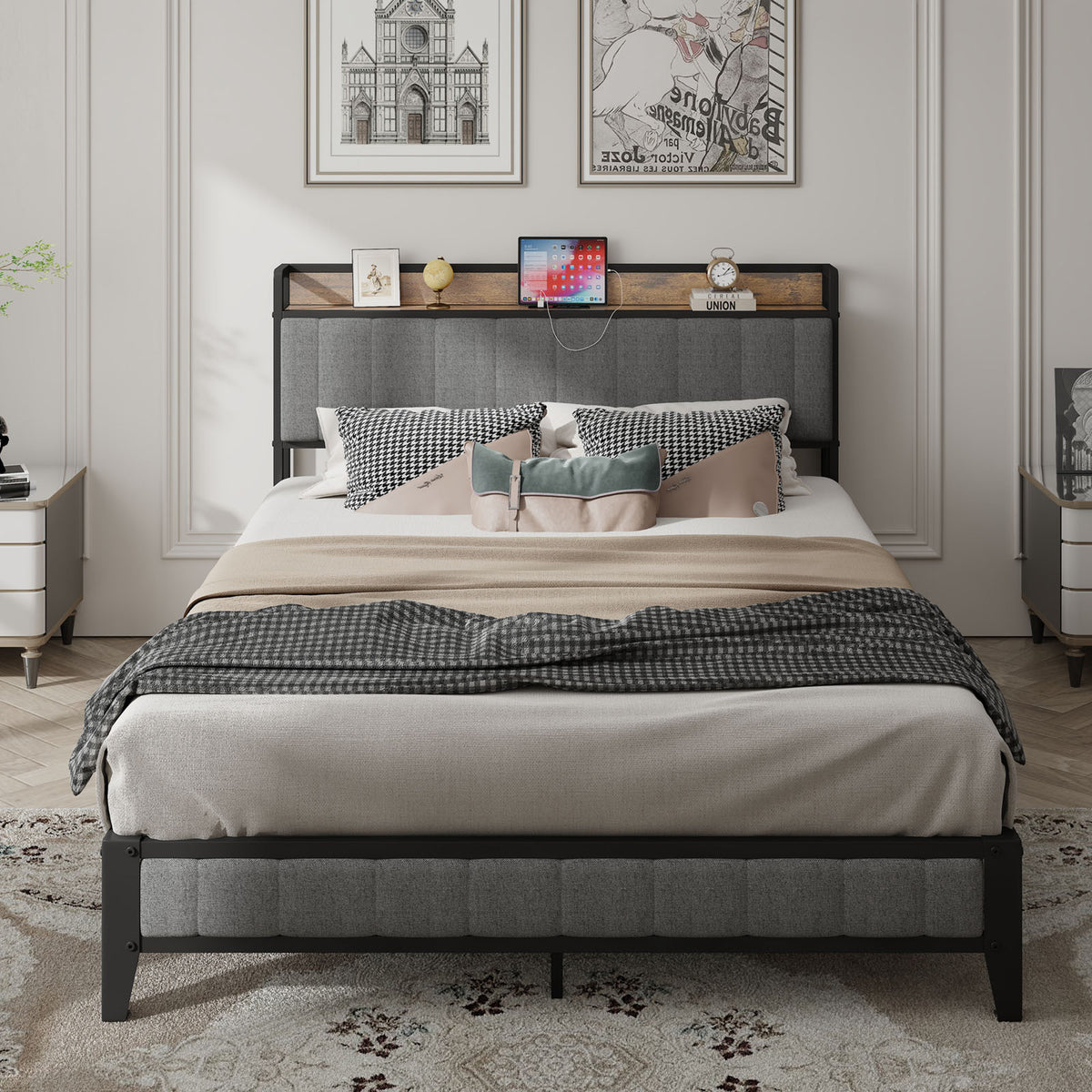 Queen Size Bed Frame with Charging Station, Upholstered Headboard, Metal Platform, Grey W1960131346-djyc