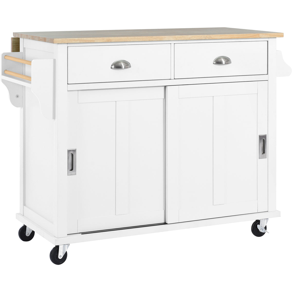 Kitchen Cart with Rubber wood Drop-Leaf Countertop, Concealed sliding barn door adjustable height,Kitchen Island on 4 Wheels with Storage Cabinet and 2 Drawers,L52.2xW30.5xH36.6 inch, White SK000001AAW-djyc