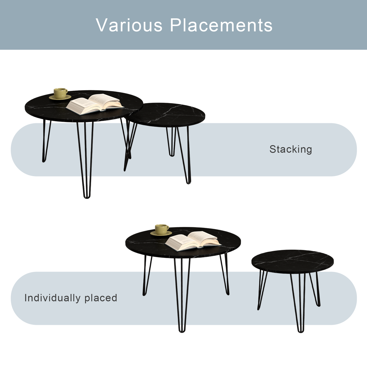 27.56'' Round Nesting Coffee Table Set of 2, Circular Nesting End Table Set, Round Marble Tabletop, and Sturdy Metal Base for Living Room, bedroom, Black W808P176733-djyc