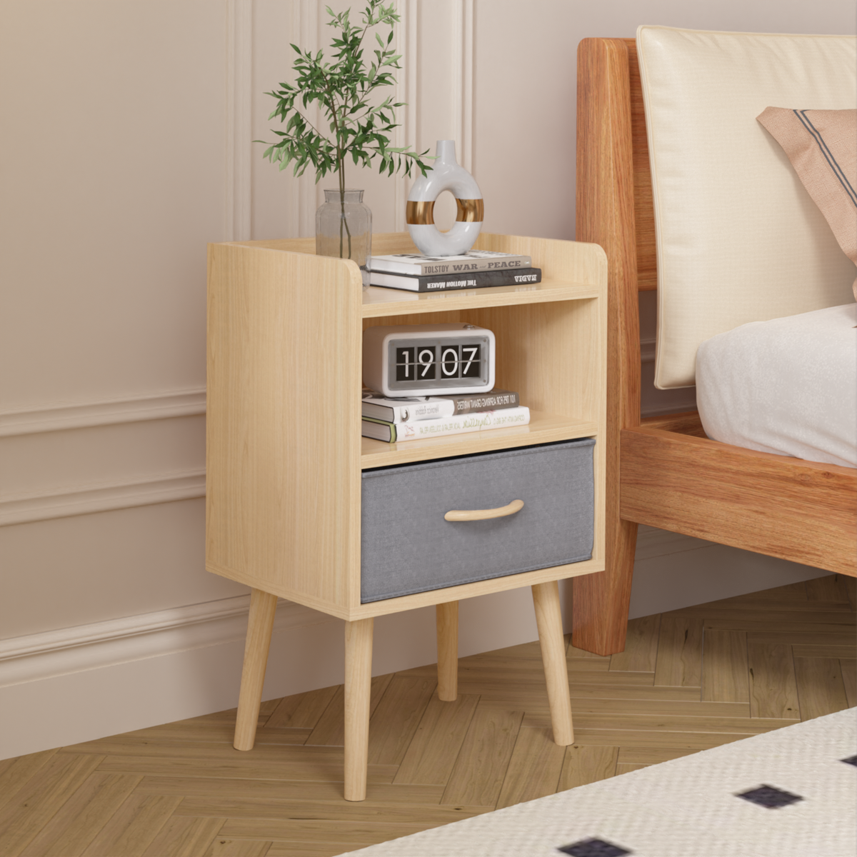 Nightstand With Collapsible Fabric Drawer, 2-Tier Storage End Table, Wood Side Table with Storage Cabinet or Kids, Adults - Oak W808P147110-djyc