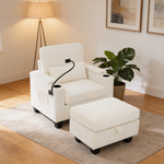 Single sofa recliner with manually adjustable backrest, USB charging port on the armrest side, phone stand included, hidden armrest storage, and a matching storage ottoman-Beige-W487P423650 - 场景图
