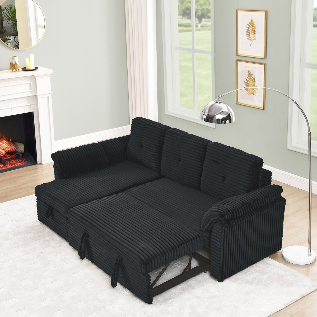 Corduroy Tufted Upholstered Sleeper Sectional Sofa, L-Shaped Modular Convertible Sofa with Reversible Storage Chaise, Pull Out Sleep Couch Bed and Reclining Backrest Perfect for Living Space, Black W487S00227-djyc