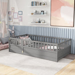 Twin Size Floor bed, integral construction with super high security barrier, door, children's floor bed frame, Montessori wooden children's floor bed,Grey W1858P164928-djyc