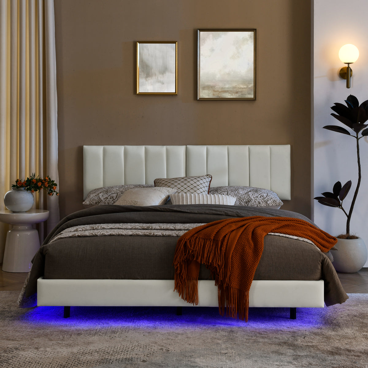 Queen Floating Bed Frame with LED Lights and Wall Mounted Headboard Modern Low Profile Led Platform Bed Frame Queen Size Faux Leather Upholstered Platform Bed Frame,No Box Spring Needed,White W487P169721-djyc