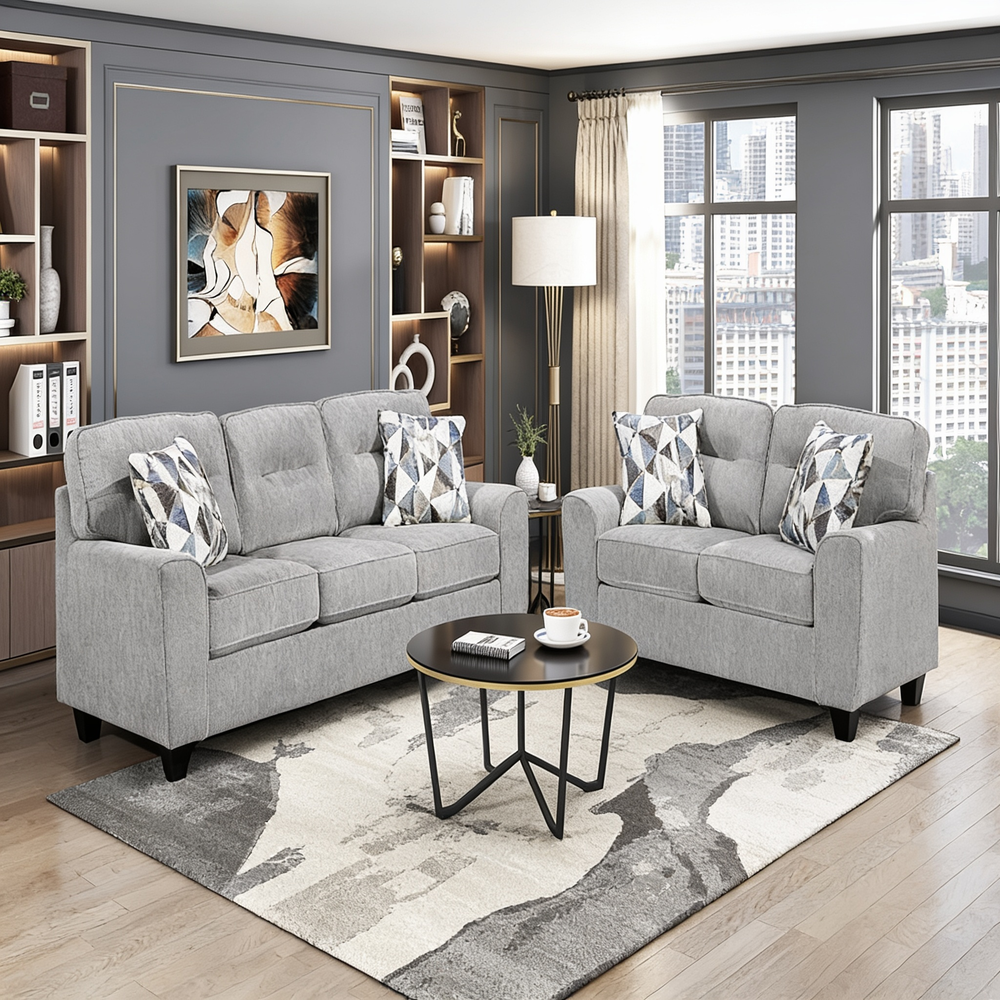 Contemporary Living Room Furniture 2pc Set Sofa Loveseat Durable Chenille Fabric Decorative Pillows Gray-B011S02475 - 正方形修复