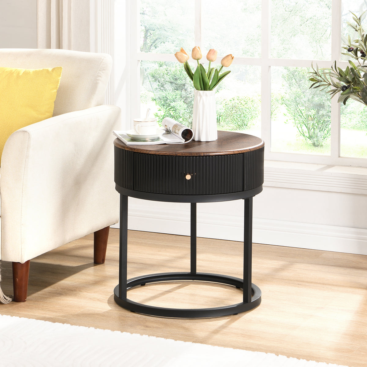 Round Nightstand with Drawer, 19.68 Inch Wood End Table with Storage, Small Table or Living Room, Bedroom and Small Spaces W821P184398-djyc