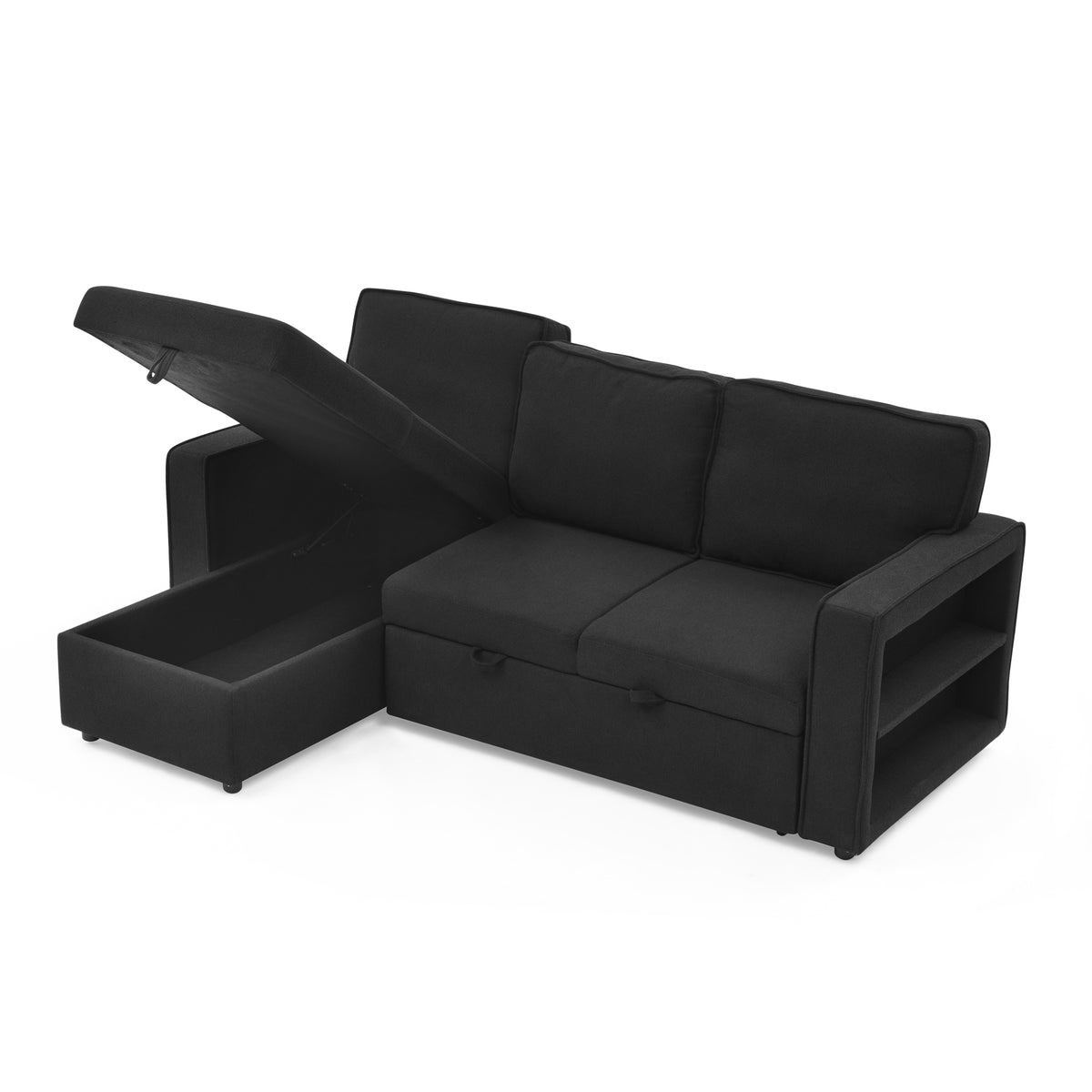 Linen Upholstered Sleeper Sectional Sofa, Shaped Modular Convertible Sofa with Storage Chaise,There are two cup holders in the middle and USB multi-interface function,Pull Out Sleep Couch Bed ,Black W487S00246-djyc