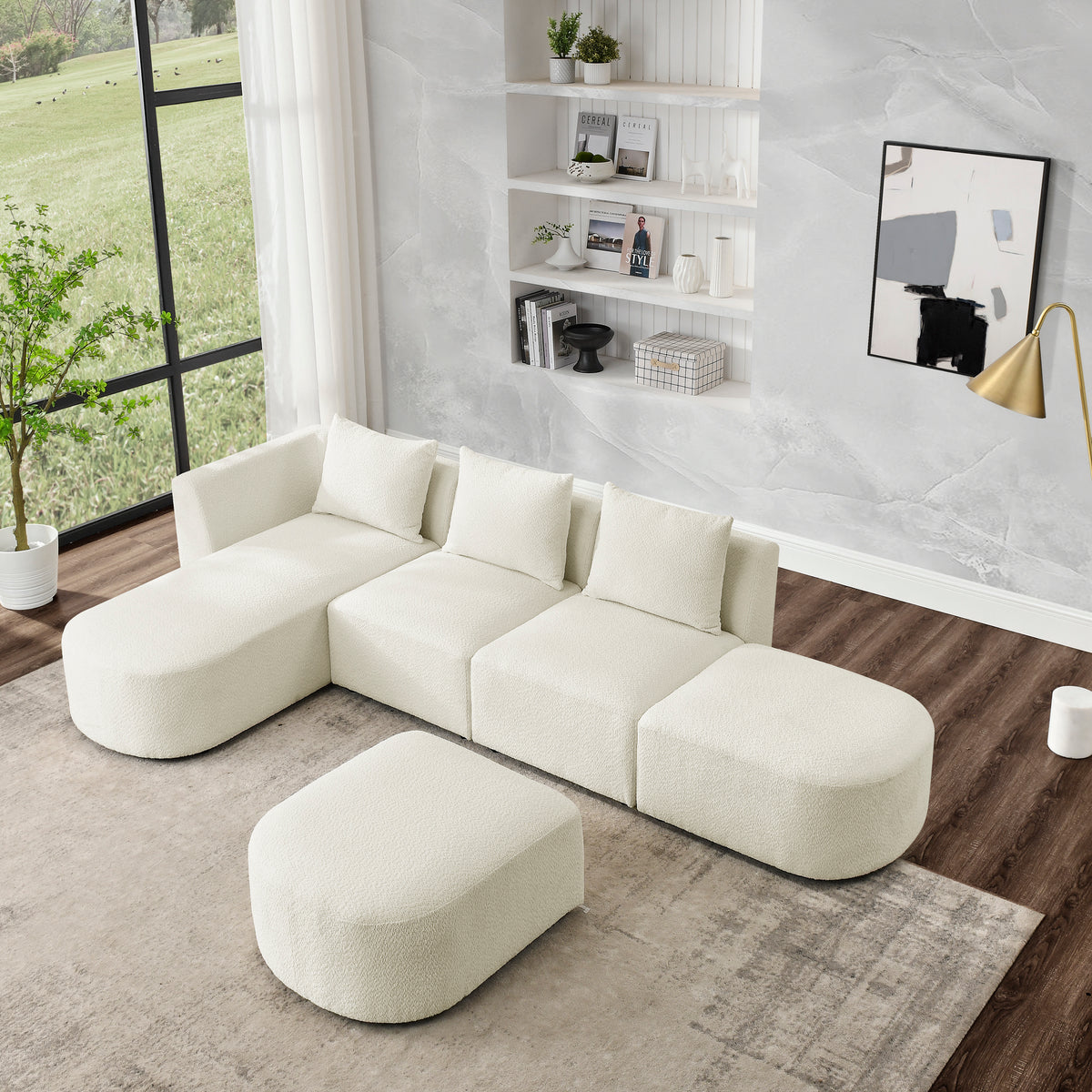 L Shape Sectional Sofa with Left Side Chaise and Ottoman, Modular Sofa, DIY Combination, Loop Yarn Fabric, Beige W487S00152-djyc