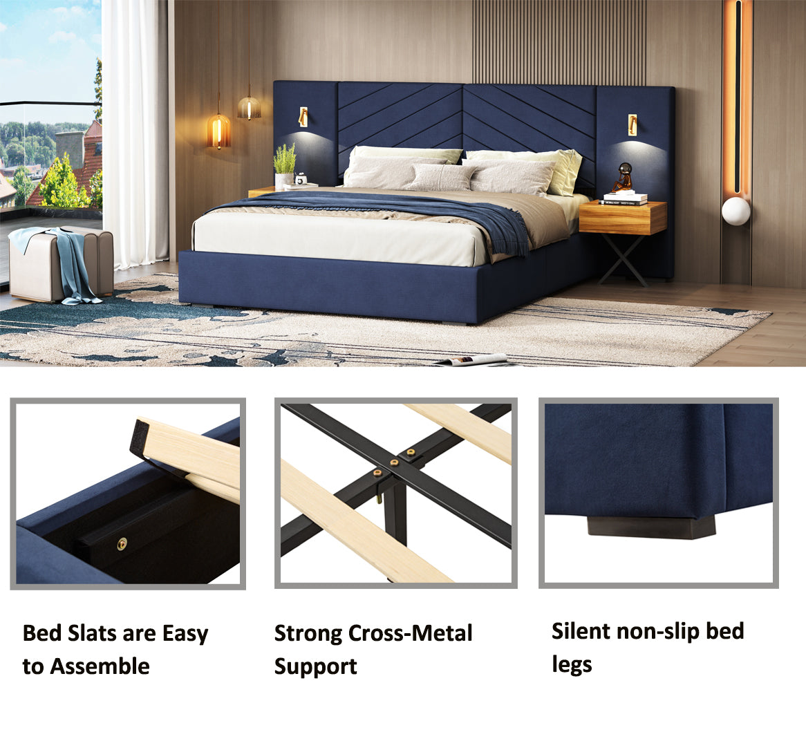 King Size Velvet Bed Frame/Vertical Channel Tufted Wingback Headboard/Upholstered Platform Bed/Strong Wooden Slats/No Box Spring Needed/Easy AssemblyRoyal blue W1793S00005-djyc