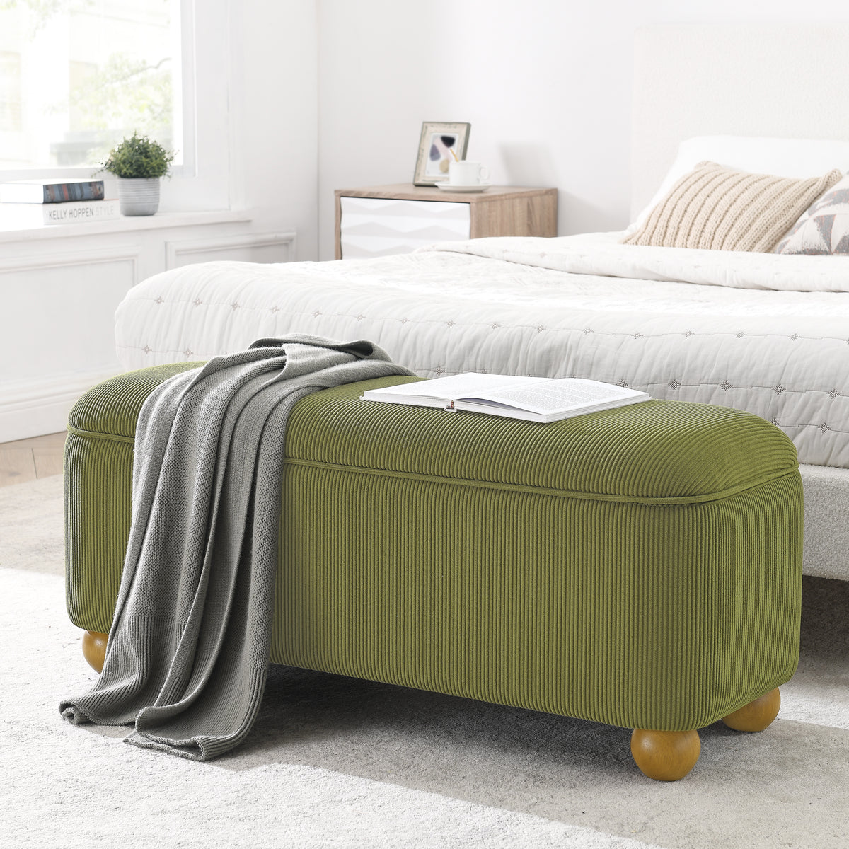 Flannelette Fabric Storage Ottoman bench, cushioned bed end Ottoman bench with storage and seat, suitable for bedrooms, living rooms, and entrance passages-GREEN(41.73"*15.55"*17.71") W487P202261-djyc