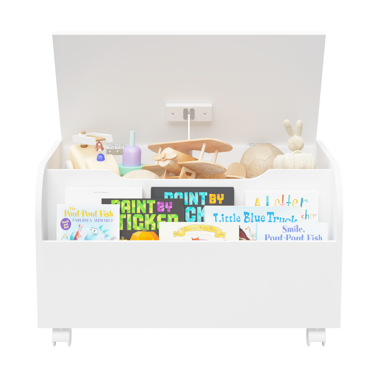 Wooden Toy Box with 4 Universal Wheels, Kids Toy Storage Organizer with Front Bookshelf, Flip-Top Lid, Safety Hinge, Boys Girls Toy Chest Bench for Playroom Kids Room Organization (White) W808127601-djyc