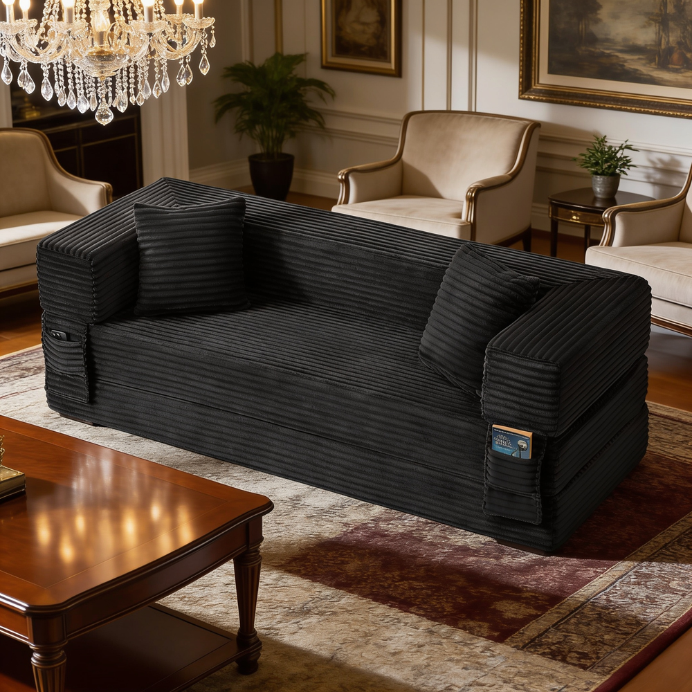 Modern cord sofa with stylish appearance, classic square design, unique two-tier design, convertible into a bed, ideal for apartments and large spaces.-W3396P439849 - 场景图