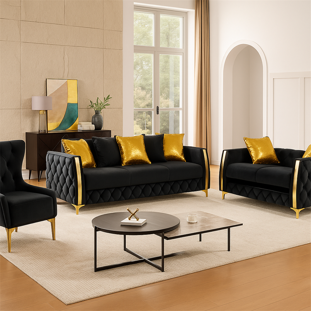 Lippa 3pc Upholstered Sofa, Loveseat and Chair Set in Black Fabric with Gold Stainless Steel Legs, Foam Cushioning and Sturdy Wood Frame-B009S02236 - 正方形修复