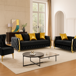 Lippa 3pc Upholstered Sofa, Loveseat and Chair Set in Black Fabric with Gold Stainless Steel Legs, Foam Cushioning and Sturdy Wood Frame-B009S02236 - 正方形修复