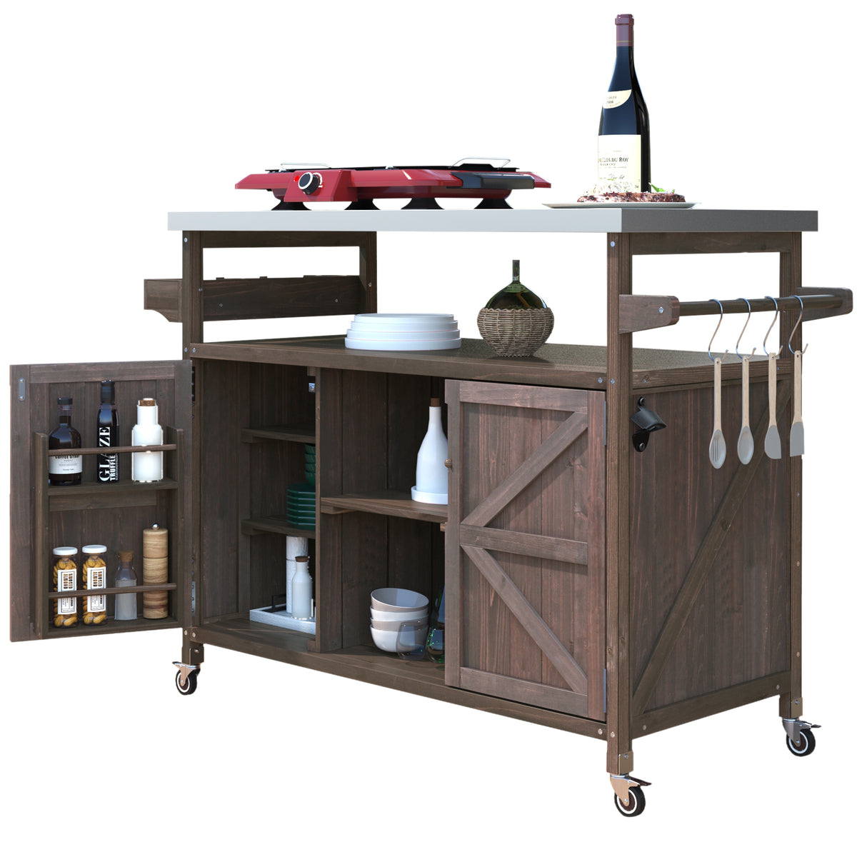 K&K Outdoor Kitchen Island, Rolling Bar Cart & Storage Cabinet, Farmhouse Solid Wood Outdoor Grill Table with Stainless Steel Top, Spice Rack , Towel Rack for Kitchen & Barbecue , Dark Brown WF532198AAZ-djyc