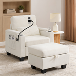 Single sofa recliner with manually adjustable backrest, USB charging port on the armrest side, phone stand included, hidden armrest storage, and a matching storage ottoman-Beige-W487P423650 - 正方形修复