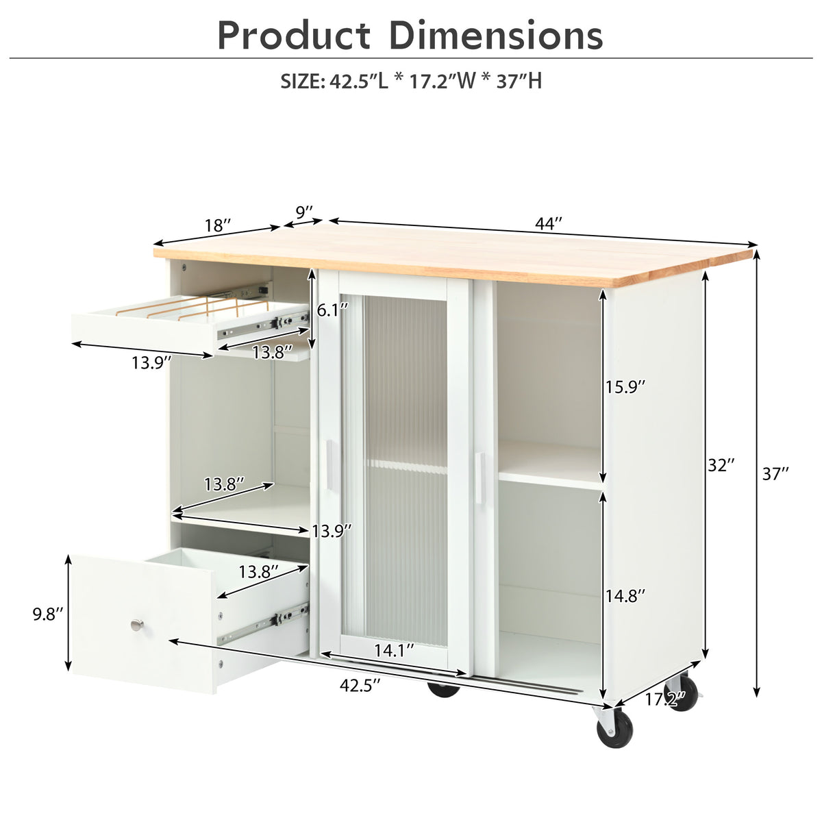 Kitchen Island with Drop Leaf, LED Light Kitchen Cart on Wheels with 2 Fluted Glass Doors and 1 Flip Cabinet Door, Large Kitchen Island Cart with an Adjustable Shelf and 2 Drawers (White) WF311171AAW-djyc