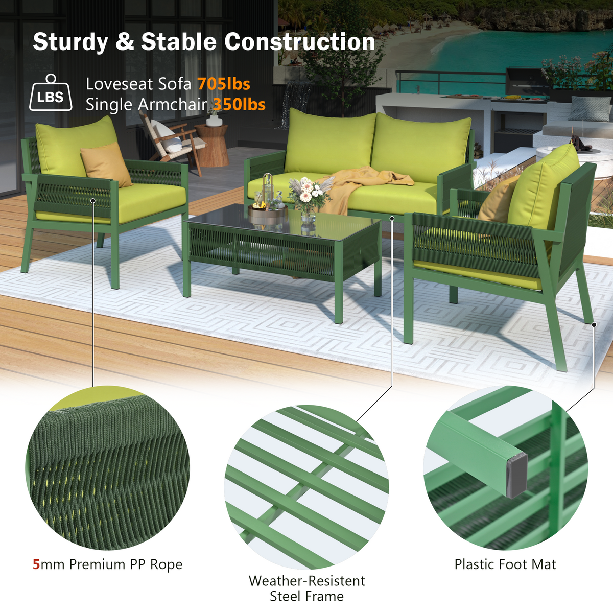 K&K 4-Piece Rope Patio Furniture Set, Outdoor Furniture with Tempered Glass Table, Patio Conversation Set Deep Seating with Thick Cushion for Backyard Porch Balcony (Fluorescent Yellow & Green) SK000003AAE-djyc