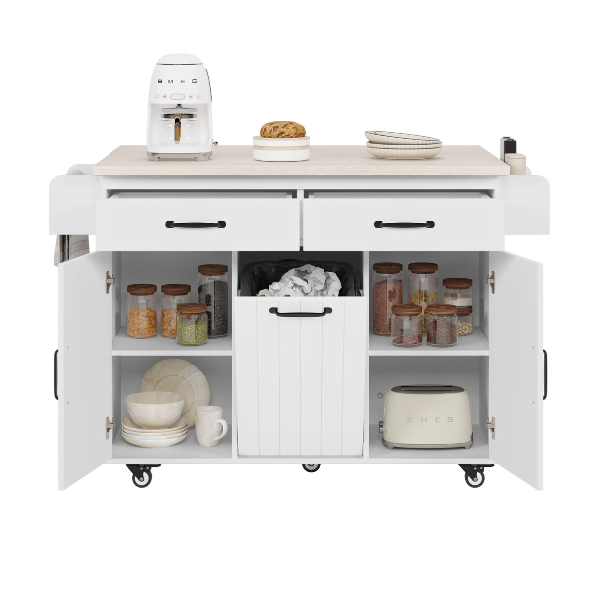 K&K Kitchen Island with Trash Can Storage Cabinet, Kitchen Cart with Drop Leaf, Spice Rack, Towel Rack and Drawer, Rolling Kitchen Island on Wheels with Adjustable Shelf, White WF326381AAW-djyc