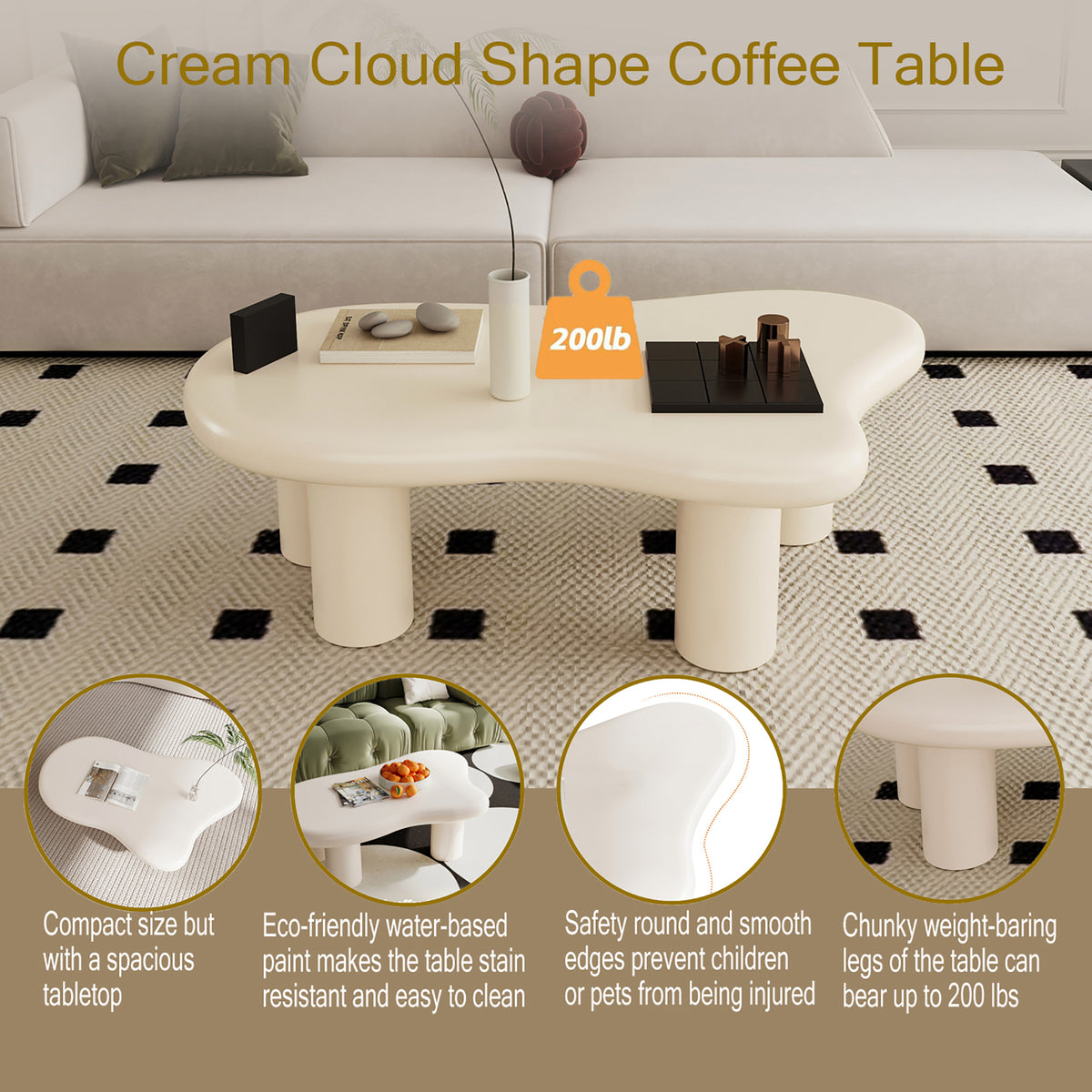 47 Inch Cloud Shaped Coffee Table for Living Room, Beige W1435S00007-djyc