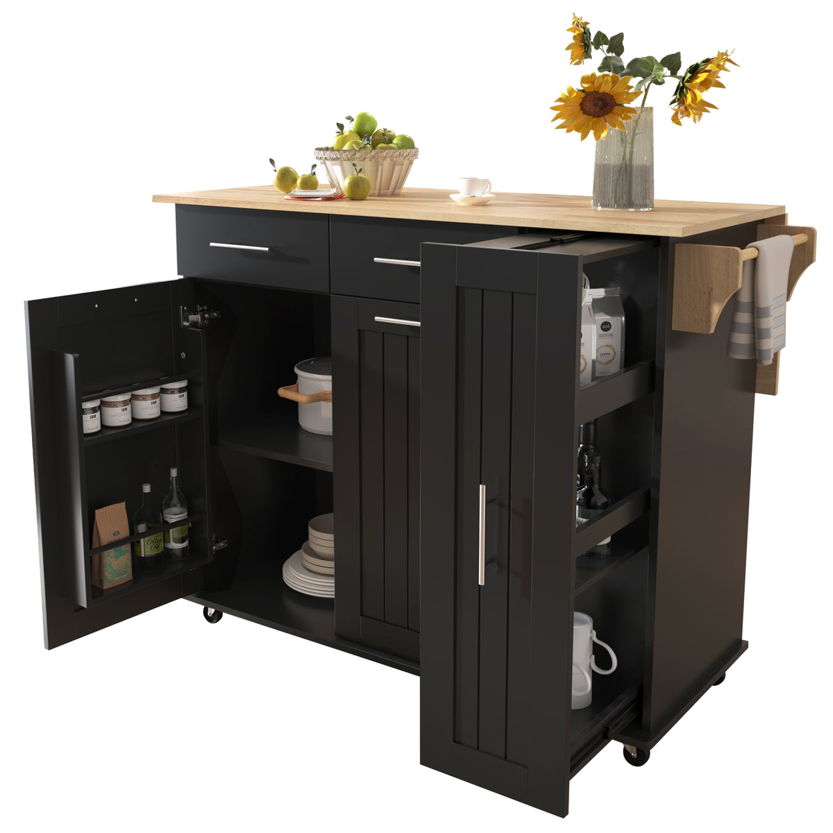 K&K Kitchen Island with Drop Leaf, Kitchen Storage Cart with 3 Tier Pull Out Cabinet Organizer, Internal Storage Rack, Rolling Kitchen Cart on Wheels with Towel Rack, 2 Drawers, for Kitchen, Black WF531421AAB-djyc