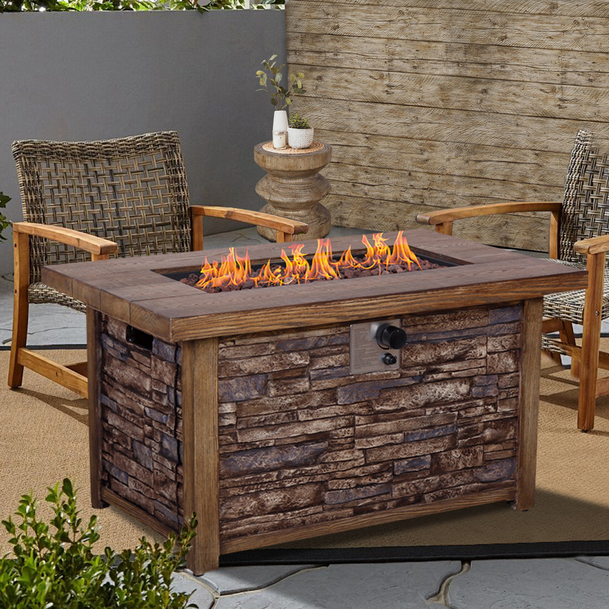 Best Choice Product 50,000 BTU Rectangle Fire Pit Table, Faux Woodgrain Top And Faux Stone Texture Base Propane Gas Fire Table For Outdoor W2029120115-djyc