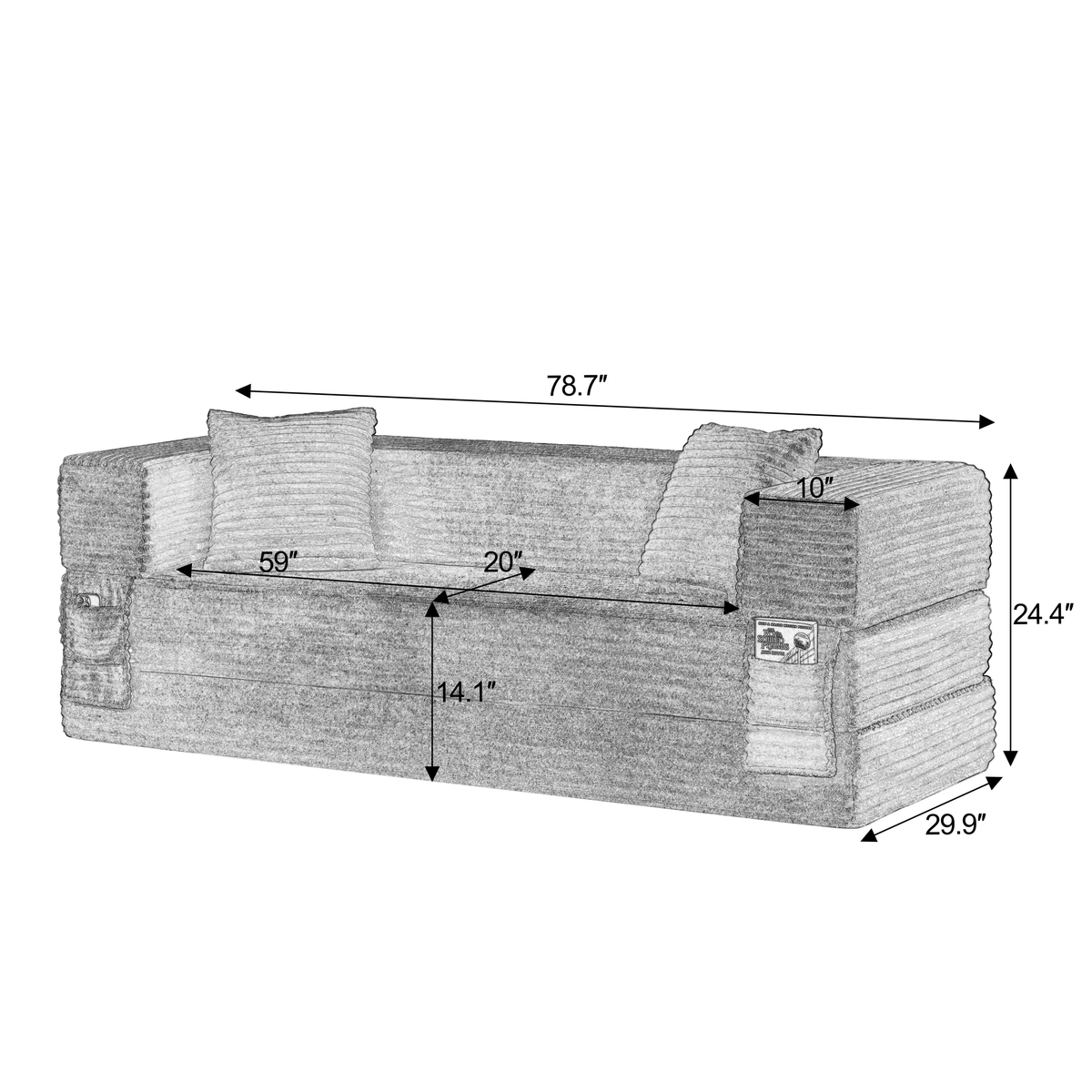 Modern cord sofa with stylish appearance, classic square design, unique two-tier design, convertible into a bed, ideal for apartments and large spaces.-W3396P439849 - 商品介绍图