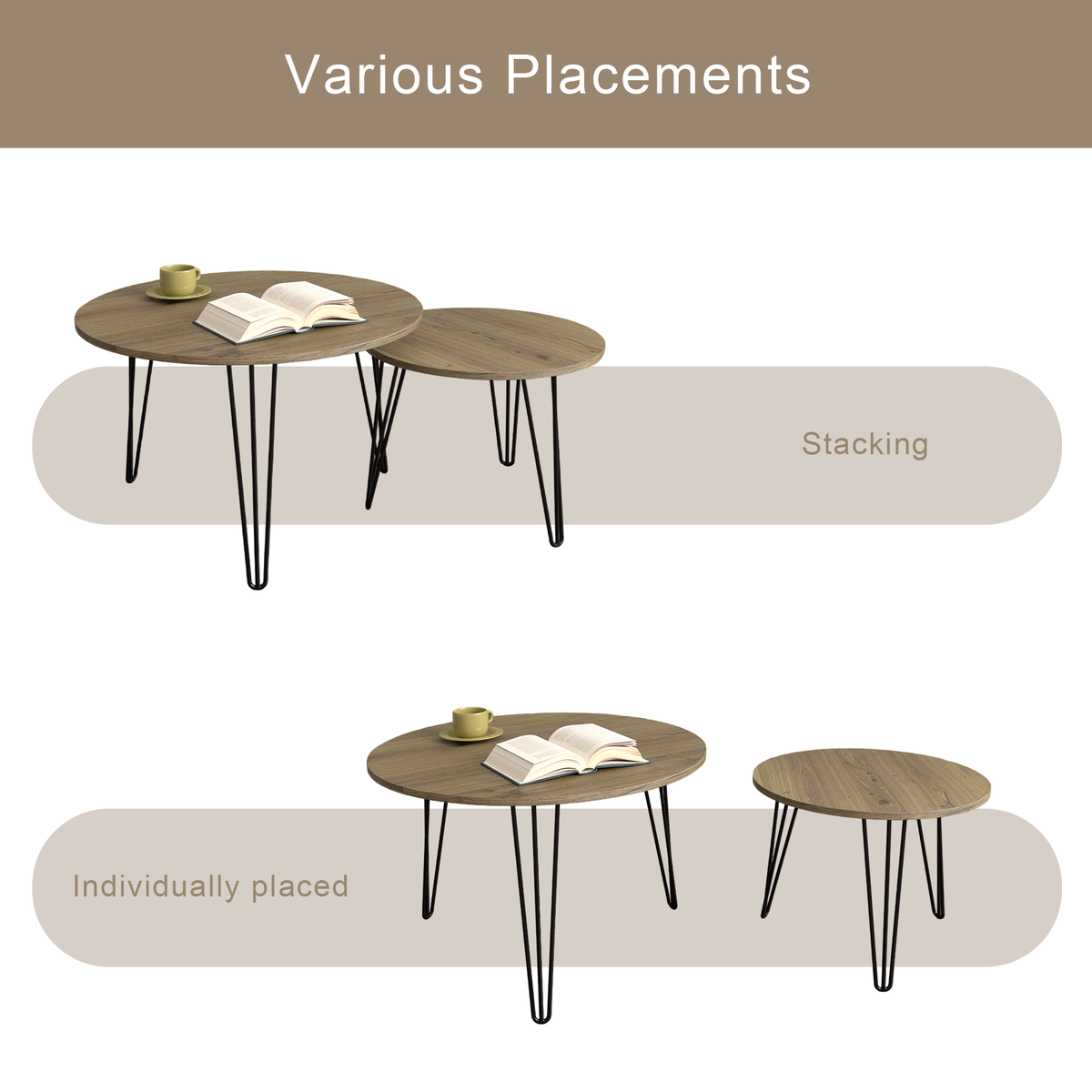 27.56'' Round Nesting Coffee Table Set of 2, Circular Nesting End Table Set, Round Wooden Tabletop, and Sturdy Metal Base for Living Room, bedroom, Brown W808P176732-djyc