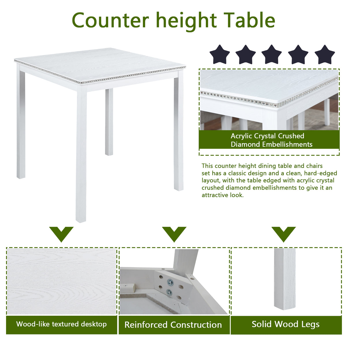 5 Piece Counter Height Table Set, Wooden Kitchen Table Set with Square Table and 4 Upholstered Chairs, Counter Height Dining Table with Crystal Decoration and Chair Set for Kitchen, Dining Room,White W1998S00040-djyc