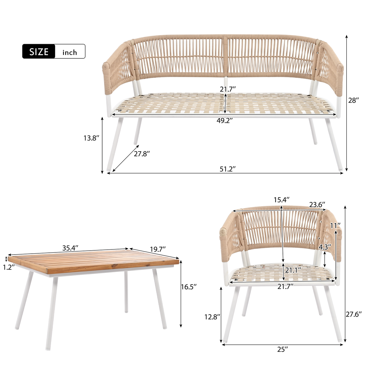 K&K 4-Piece Boho Rope Patio Furniture Set, Outdoor Furniture with Acacia Wood Table, Patio Conversation Set with Deep Seating & Thick Cushion for Backyard Porch Balcony, Beige SK000004AAZ-djyc