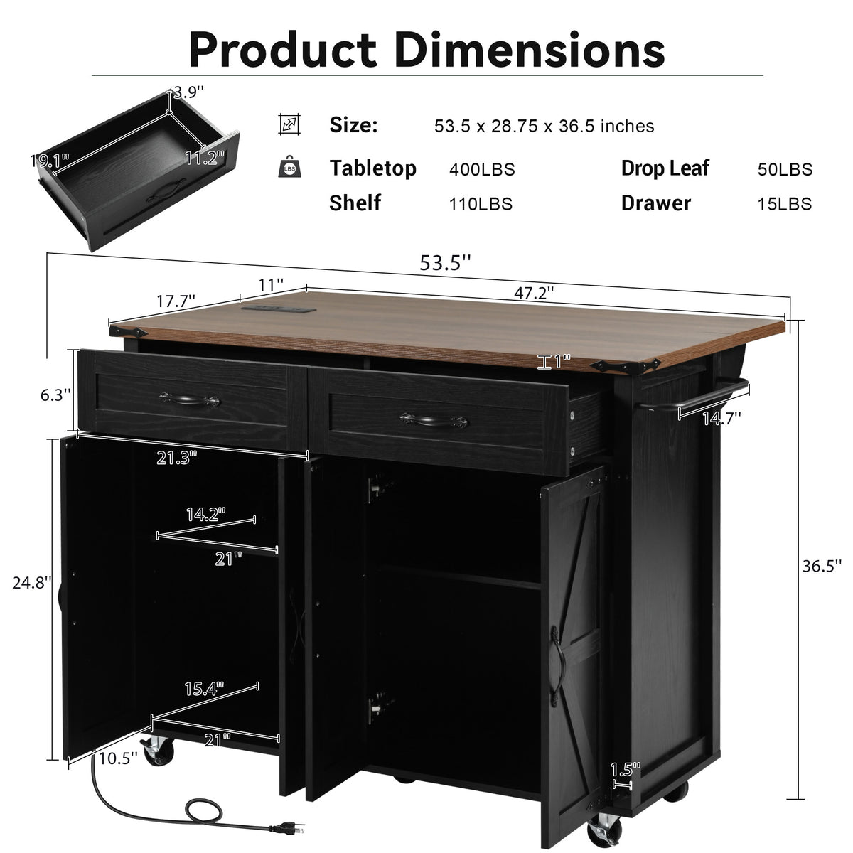 K&K 53.5''Farmhouse Kitchen Island with Power Outlet, Kitchen Storage Island with Drop Leaf, Spice Rack and Drawer, Rolling Kitchen Cart on Wheels, for Home, Kitchen and Dining Room, Black N707P170348B-djyc