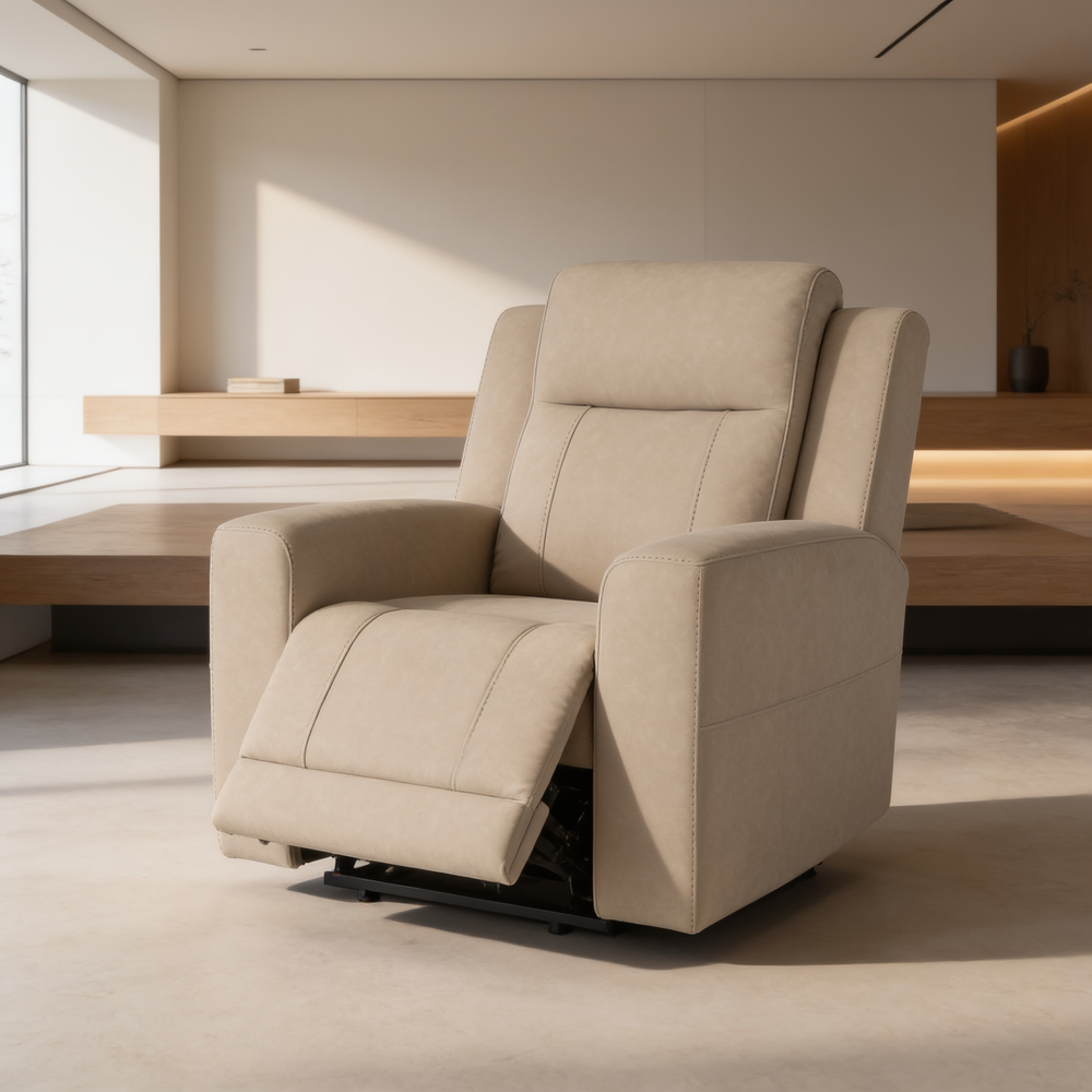 Slater Taupe 3-Piece Upholstered Reclining Sofa Set with Modern Design, Faux Leather, and Built-in Storage-B062S01806 - 场景图