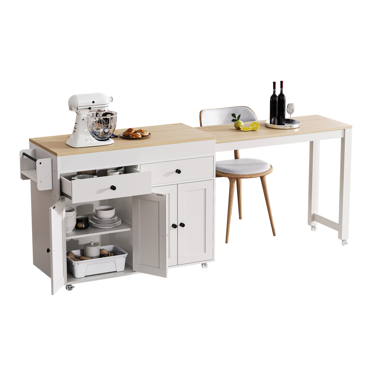 K&K 74.5 inch Kitchen Island with Extendable Dining Table , Rolling Kitchen Island on Wheels with Spice Rack and 2 Drawers,Kitchen Storage Cart with 4 Door Cabinet, for Kitchen, Dining Room, White N707S000009W-djyc