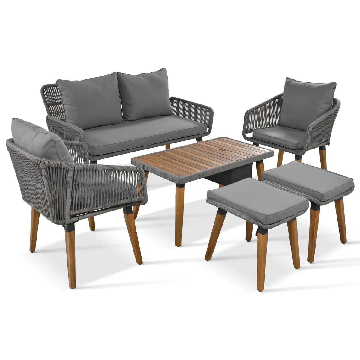 K&K 6-Piece Rope Patio Furniture Set, Outdoor Furniture with Acacia Wood Cool Bar Table with Ice Bucket , Deep Seat Patio Conversation Set with Two Stools for Backyard Porch Balcony (Grey) SK000005AAE-djyc